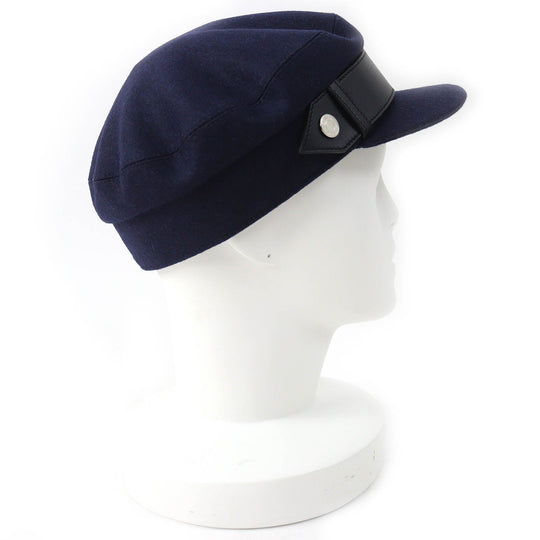 HERMES Casquette Outer: 82% wool, Outer: 18% nylon, Leather part: sheepskin, Lining: 65% rayon, Lining: 35% silk Navy Saint-Malo Women Used Authentic
