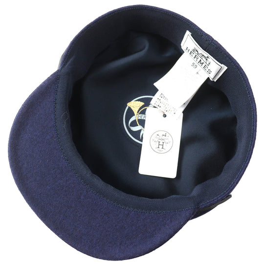 HERMES Casquette Outer: 82% wool, Outer: 18% nylon, Leather part: sheepskin, Lining: 65% rayon, Lining: 35% silk Navy Saint-Malo Women Used Authentic