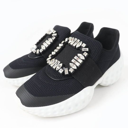 ROGERVIVIER sneakers Tech Fabric , Scuba Fabric , Leather black VIV RUN RIGHT Strass Buckle Sneakers Women 35 1/2 Used Authentic