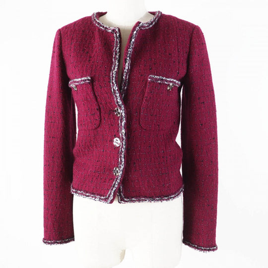 CHANEL Jacket 22A P73183 Outer: 98% wool, Outer: 2% viscose (rayon), Lining: 100% silk Burgundy Black White Women 34 Used Authentic