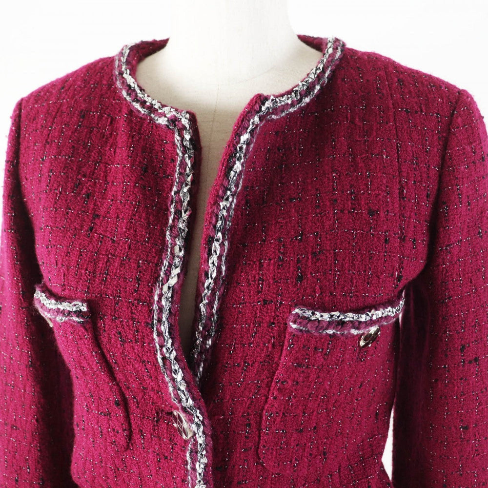CHANEL Jacket 22A P73183 Outer: 98% wool, Outer: 2% viscose (rayon), Lining: 100% silk Burgundy Black White Women 34 Used Authentic