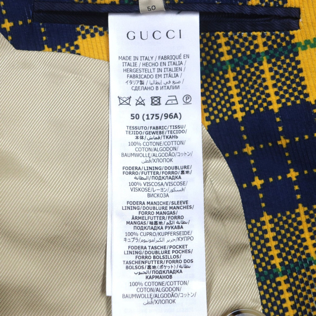 GUCCI tailored jacket 714971 Main: 100% cotton, Lining: 100% rayon, Sleeve lining: 100% cupra, Lining: 100% cotton yellow Double-Breasted Checked Cotton-Corduroy Blazer mens 50 Used Authentic
