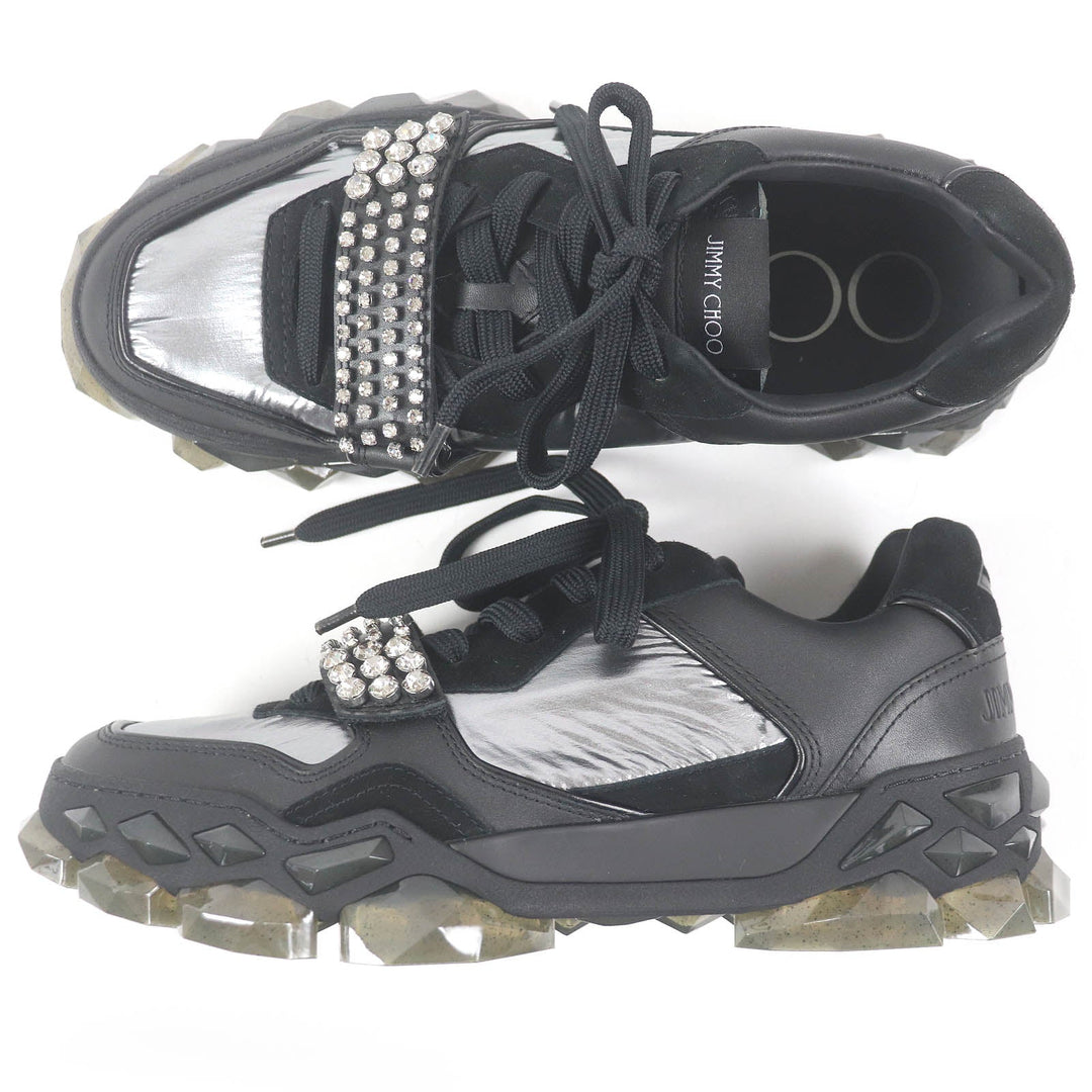 JIMMY CHOO Low cut sneakers Part: Leather Black Silver DIAMOND X STRAP mens 40 Used Authentic