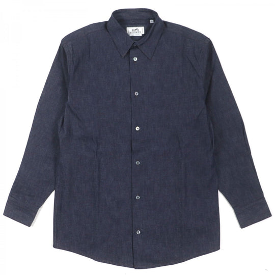 HERMES Long sleeve shirt Main: 100% cotton, Leather part: Sheepskin Indigo mens 38 Used Authentic