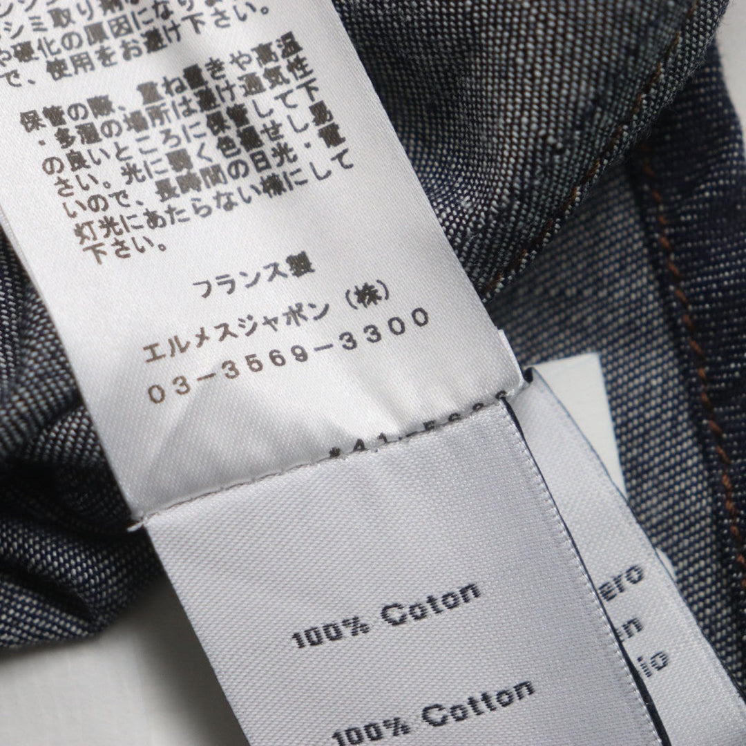 HERMES Long sleeve shirt Main: 100% cotton, Leather part: Sheepskin Indigo mens 38 Used Authentic