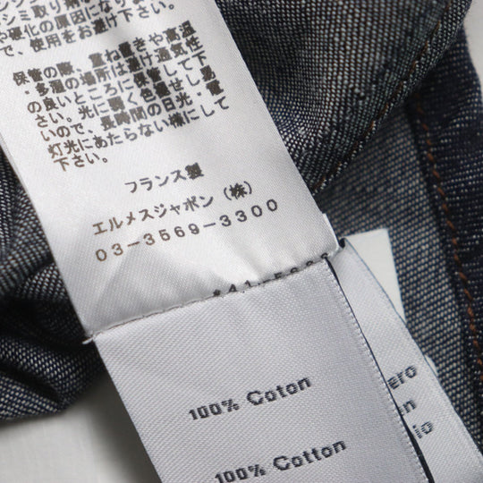 HERMES Long sleeve shirt Main: 100% cotton, Leather part: Sheepskin Indigo mens 38 Used Authentic