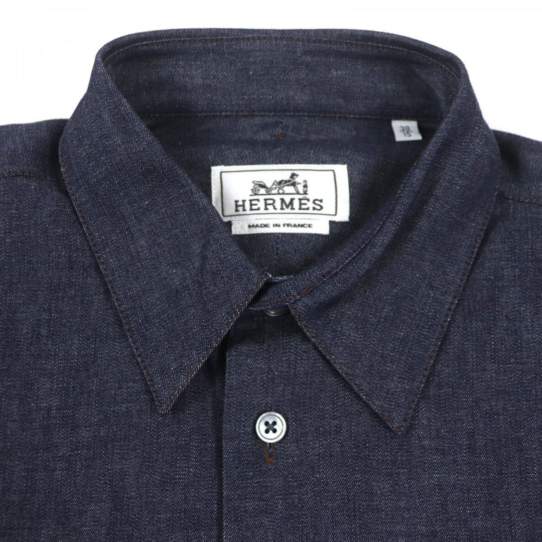 HERMES Long sleeve shirt Main: 100% cotton, Leather part: Sheepskin Indigo mens 38 Used Authentic
