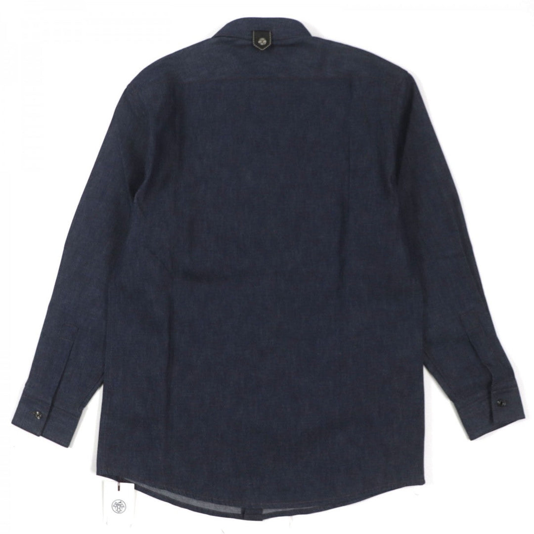 HERMES Long sleeve shirt Main: 100% cotton, Leather part: Sheepskin Indigo mens 38 Used Authentic