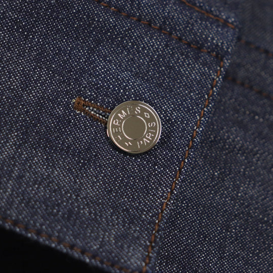 HERMES Long sleeve shirt Main: 100% cotton, Leather part: Sheepskin Indigo mens 38 Used Authentic
