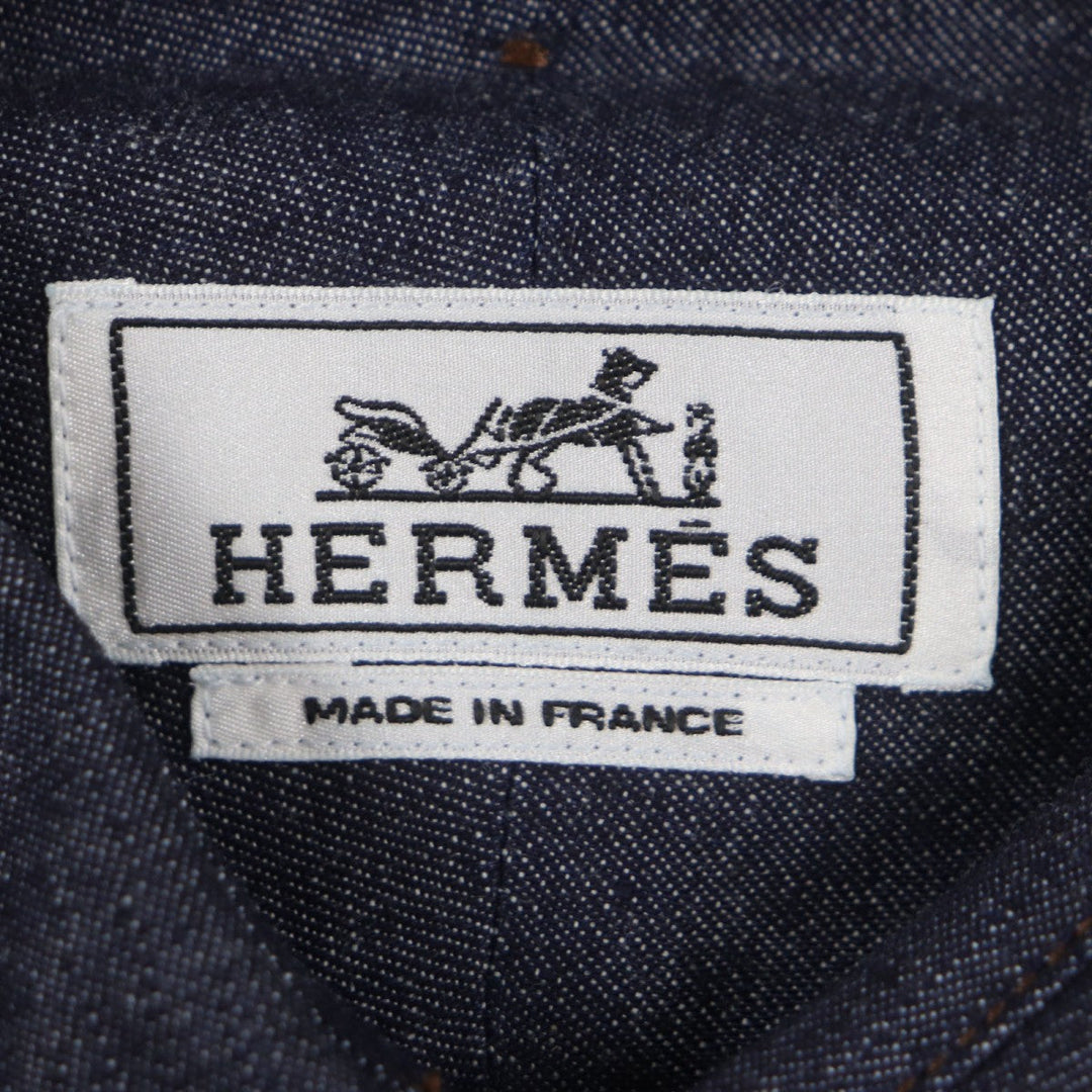 HERMES Long sleeve shirt Main: 100% cotton, Leather part: Sheepskin Indigo mens 38 Used Authentic