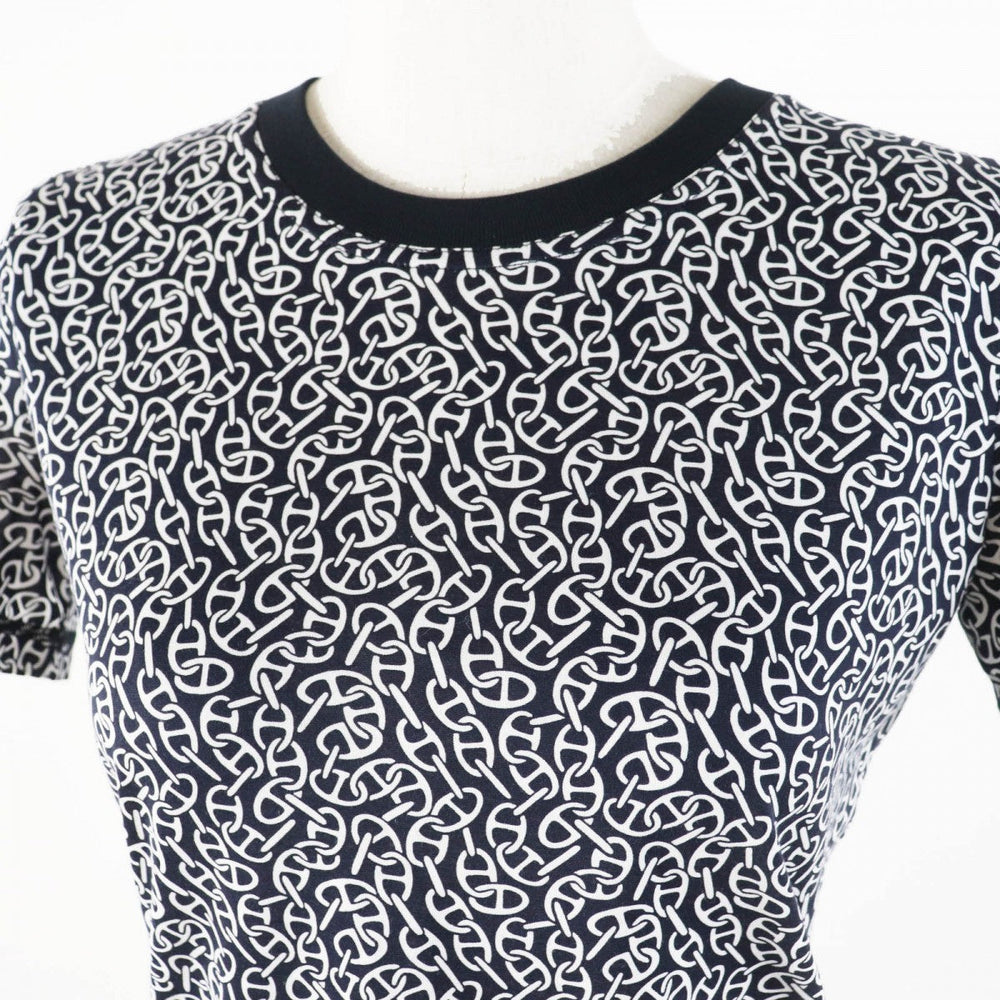 HERMES Short sleeve T-shirt 4E4620DB Main: 100% cotton, part: 98% cotton, part: 2% polyurethane Black White Naoussa Chaine Micro Naoussa Chaine Women 34 Used Authentic