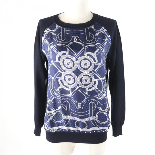 HERMES knit Main: 100% wool, Part: 100% silk Navy Eperon d'or Tellier Golden Spur Women 36 Used Authentic