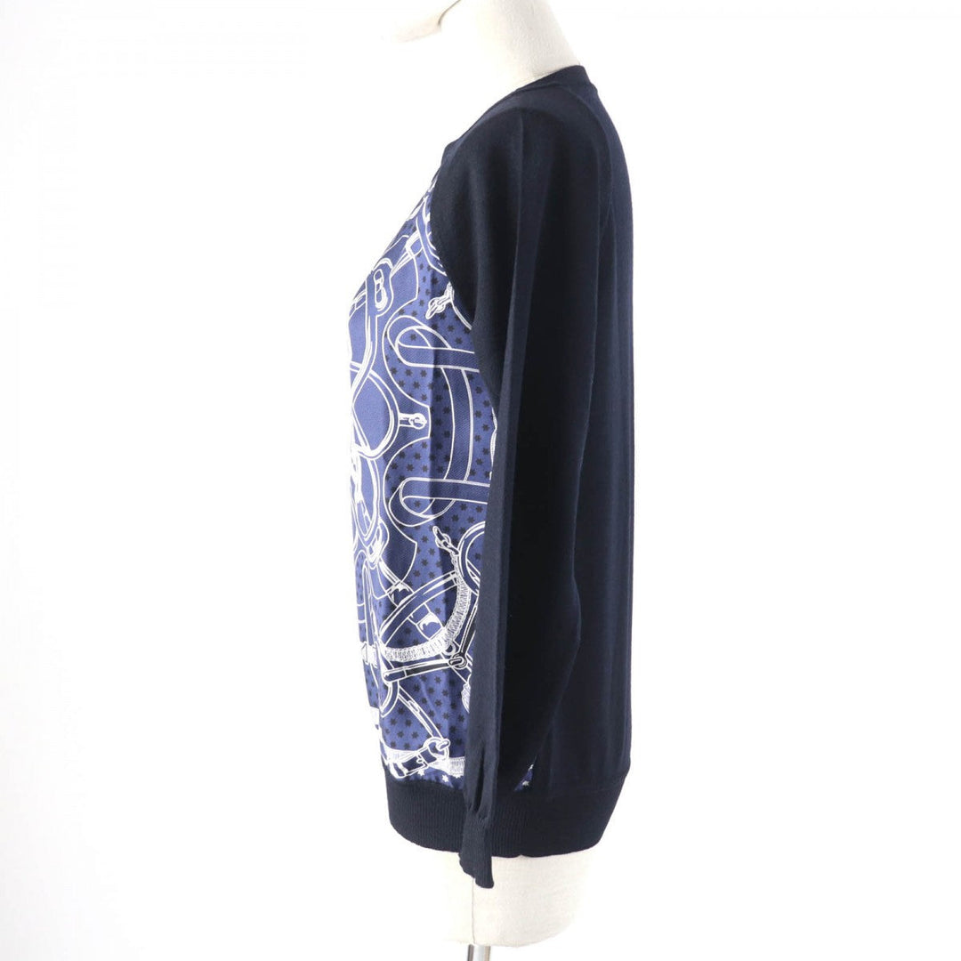 HERMES knit Main: 100% wool, Part: 100% silk Navy Eperon d'or Tellier Golden Spur Women 36 Used Authentic