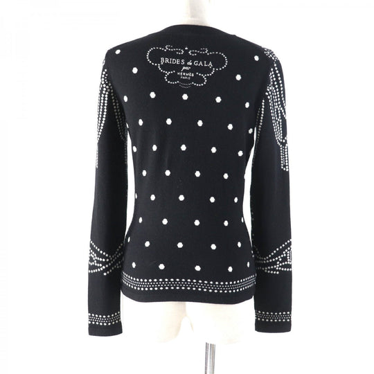 HERMES knit 3E2642D8 Main: 63% cashmere, Main: 35% cotton, Main: 2% nylon, Part: 100% rayon Black White BRIDES de GALA Ceremony Bridle Women 36 Used Authentic