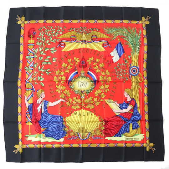 HERMES scarf Main: 100% silk black red multicolor 1789 LIBERTE EGALITE FRATERNITE REPUBLIQUE FRANCAISE 1789 Commemorating the French Revolution Women Used Authentic