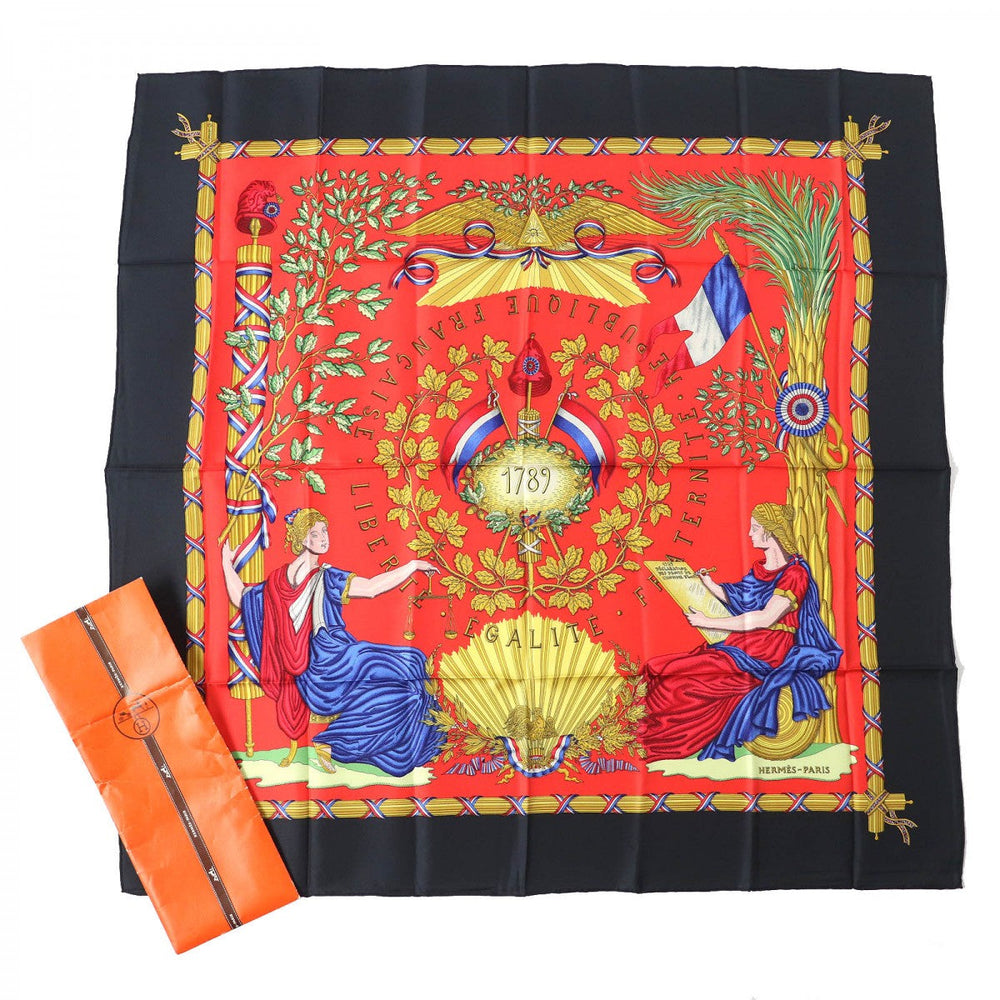 HERMES scarf Main: 100% silk black red multicolor 1789 LIBERTE EGALITE FRATERNITE REPUBLIQUE FRANCAISE 1789 Commemorating the French Revolution Women Used Authentic