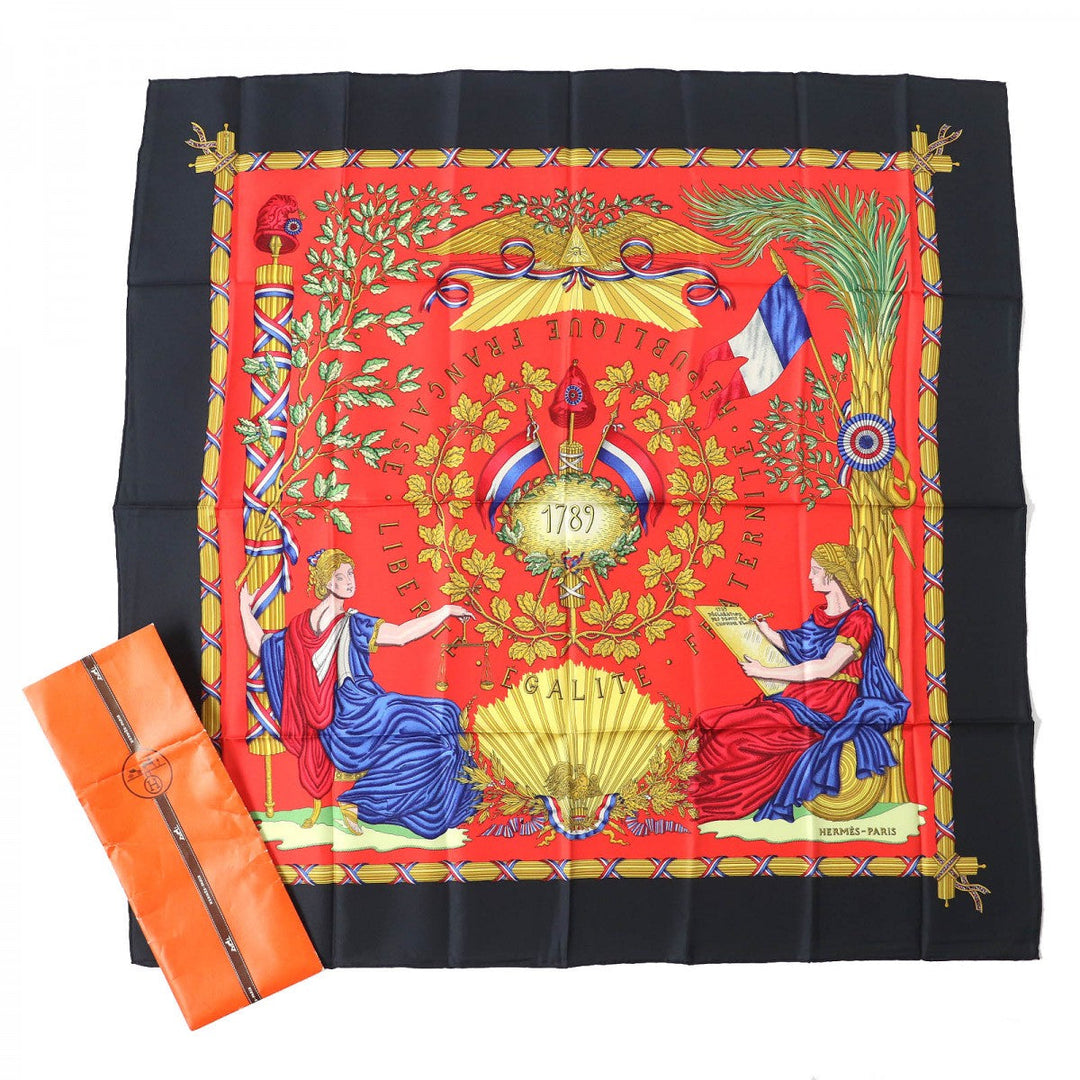 HERMES scarf Main: 100% silk black red multicolor 1789 LIBERTE EGALITE FRATERNITE REPUBLIQUE FRANCAISE 1789 Commemorating the French Revolution Women Used Authentic