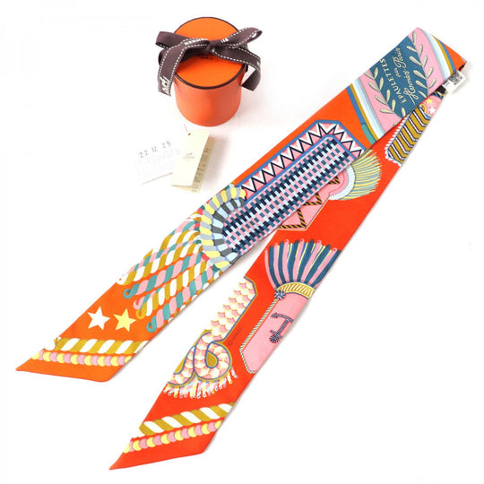 HERMES scarf 063983S silk ORENGE/VERT/JAUNE Twilly EPAULETTES DE GALA Ceremonial epaulettes