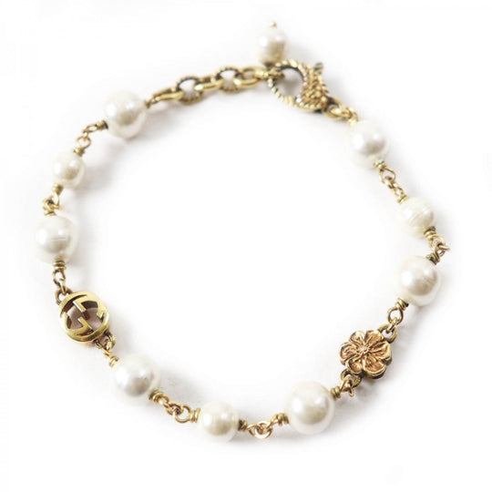 GUCCI bracelet 664352 Metal, Glass Pearl gold Flower and Pearl Interlocking G logo Women Used Authentic