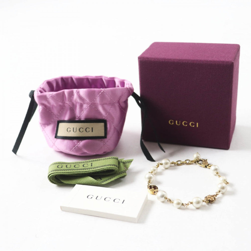 GUCCI bracelet 664352 Metal, Glass Pearl gold Flower and Pearl Interlocking G logo Women Used Authentic