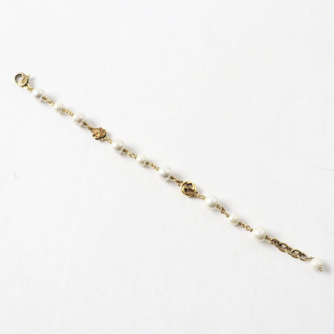 GUCCI bracelet 664352 Metal, Glass Pearl gold Flower and Pearl Interlocking G logo Women Used Authentic