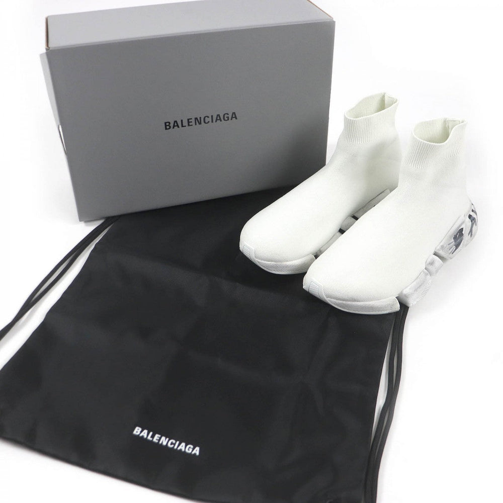 BALENCIAGA High cut sneakers 92% polyester, 8% spandex white Recycled knit Speed 2.0 Full Clear Sole Graffiti mens 38 Used Authentic