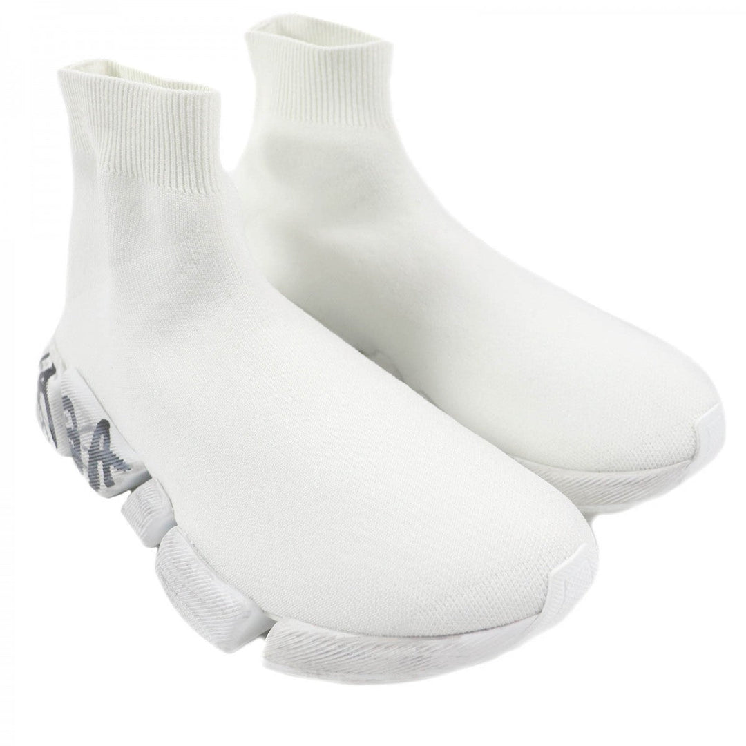 BALENCIAGA High cut sneakers 92% polyester, 8% spandex white Recycled knit Speed 2.0 Full Clear Sole Graffiti mens 38 Used Authentic
