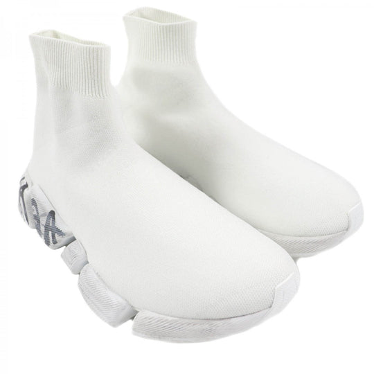 BALENCIAGA High cut sneakers 92% polyester, 8% spandex white Recycled knit Speed 2.0 Full Clear Sole Graffiti mens 38 Used Authentic