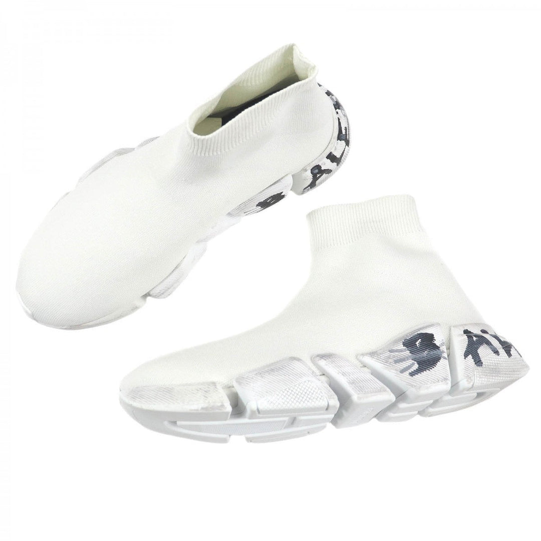 BALENCIAGA High cut sneakers 92% polyester, 8% spandex white Recycled knit Speed 2.0 Full Clear Sole Graffiti mens 38 Used Authentic