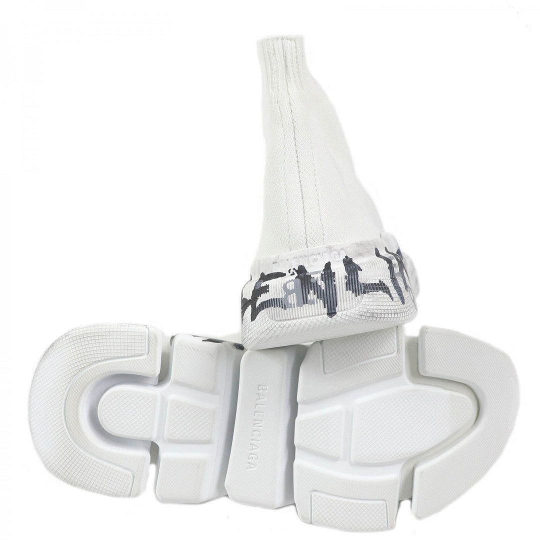 BALENCIAGA High cut sneakers 92% polyester, 8% spandex white Recycled knit Speed 2.0 Full Clear Sole Graffiti mens 38 Used Authentic