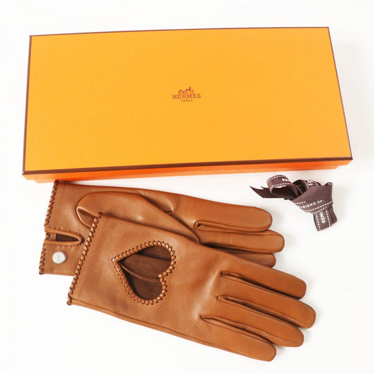 HERMES gloves Main: Lamb leather Brown Crude cell Women 7 Used Authentic
