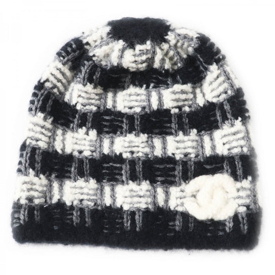 CHANEL Knit cap 19K cashmere Black gray white