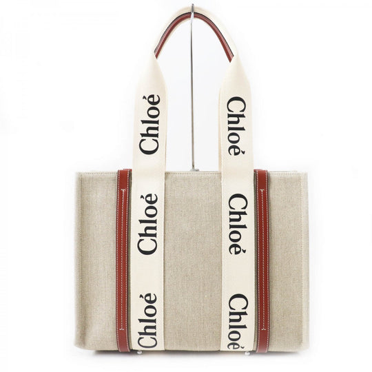 Chloe Tote Bag CHC22AS383I2690U Main: Linen, Part: Calfskin Beige type Woody Medium Women Used Authentic