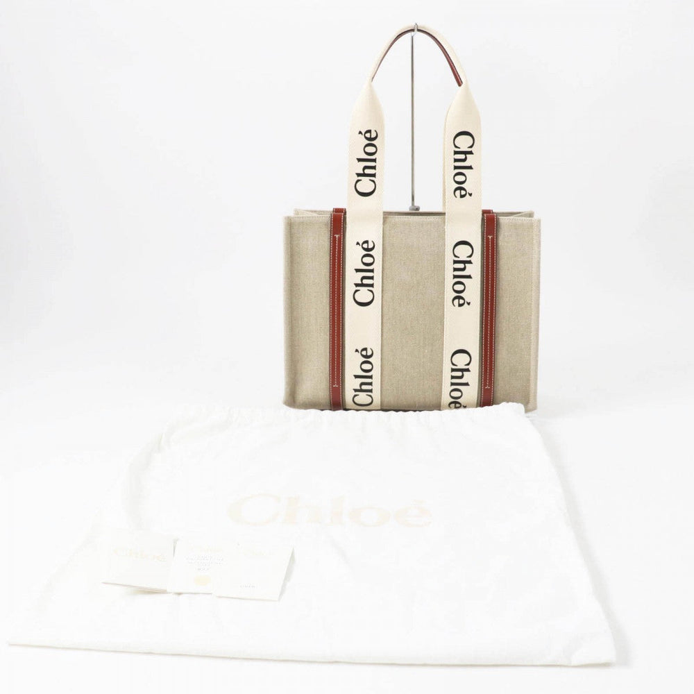 Chloe Tote Bag CHC22AS383I2690U Main: Linen, Part: Calfskin Beige type Woody Medium Women Used Authentic