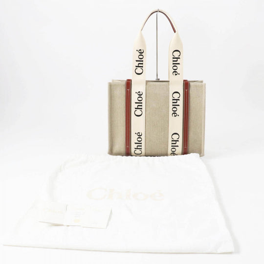 Chloe Tote Bag CHC22AS383I2690U Main: Linen, Part: Calfskin Beige type Woody Medium Women Used Authentic