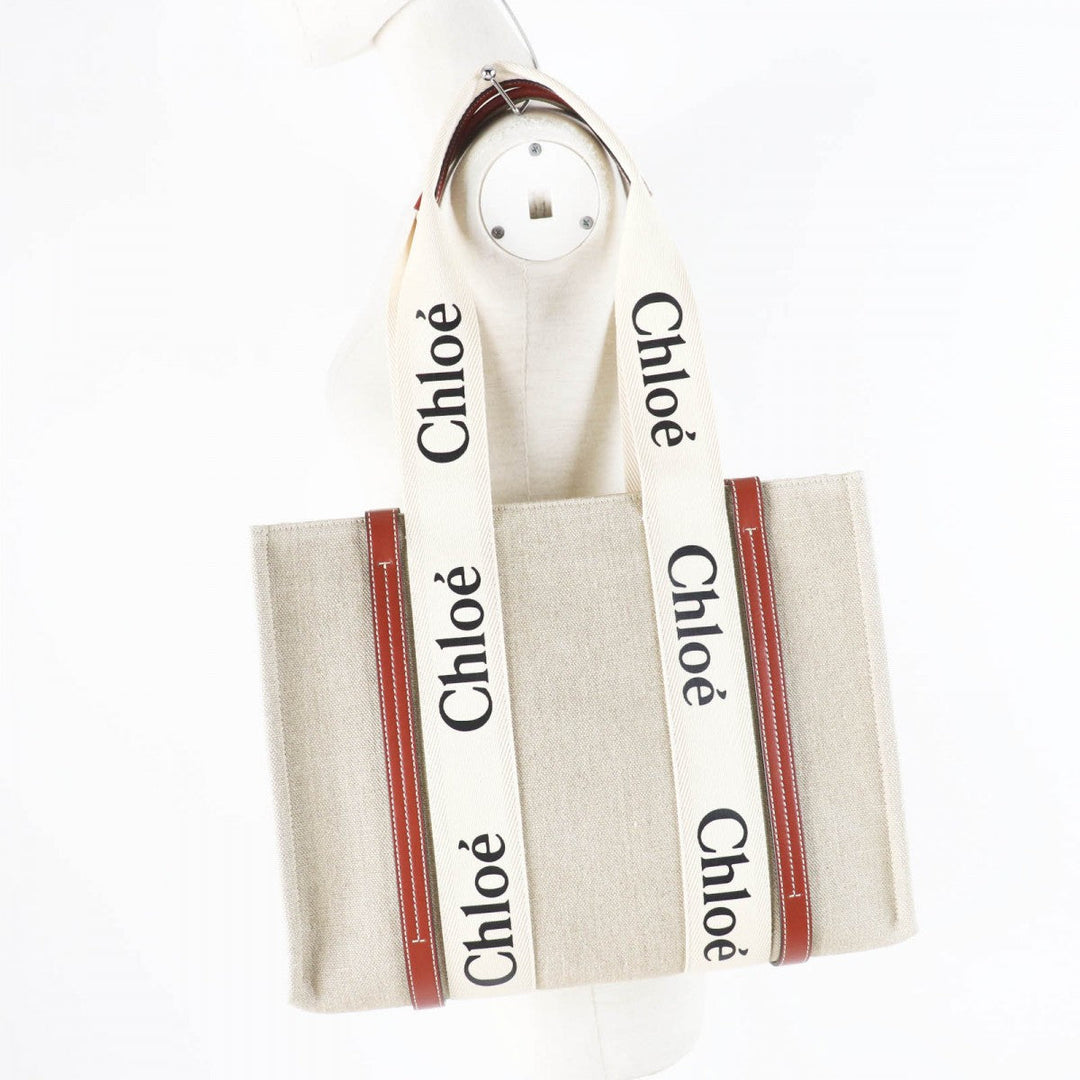 Chloe Tote Bag CHC22AS383I2690U Main: Linen, Part: Calfskin Beige type Woody Medium Women Used Authentic