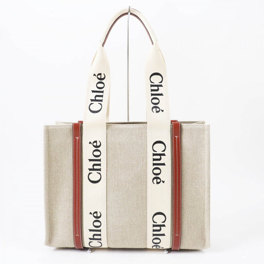 Chloe Tote Bag CHC22AS383I2690U Main: Linen, Part: Calfskin Beige type Woody Medium Women Used Authentic