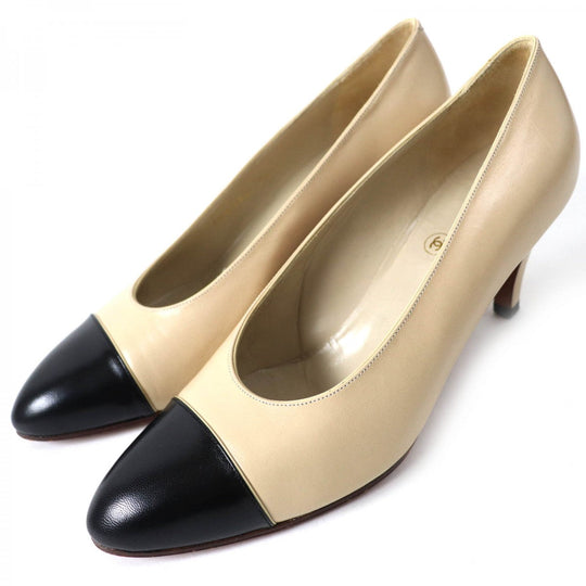 CHANEL pumps Main: Leather Beige black Women 36 Used Authentic