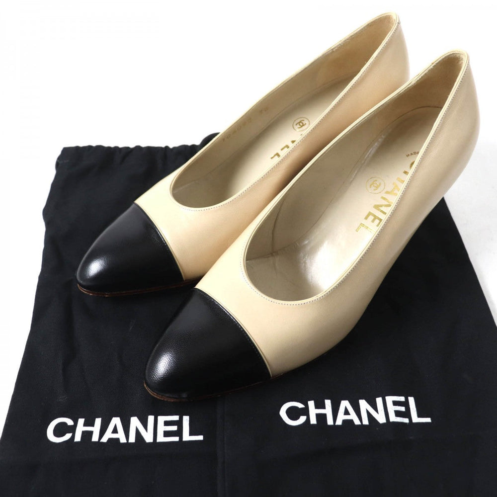 CHANEL pumps Main: Leather Beige black Women 36 Used Authentic