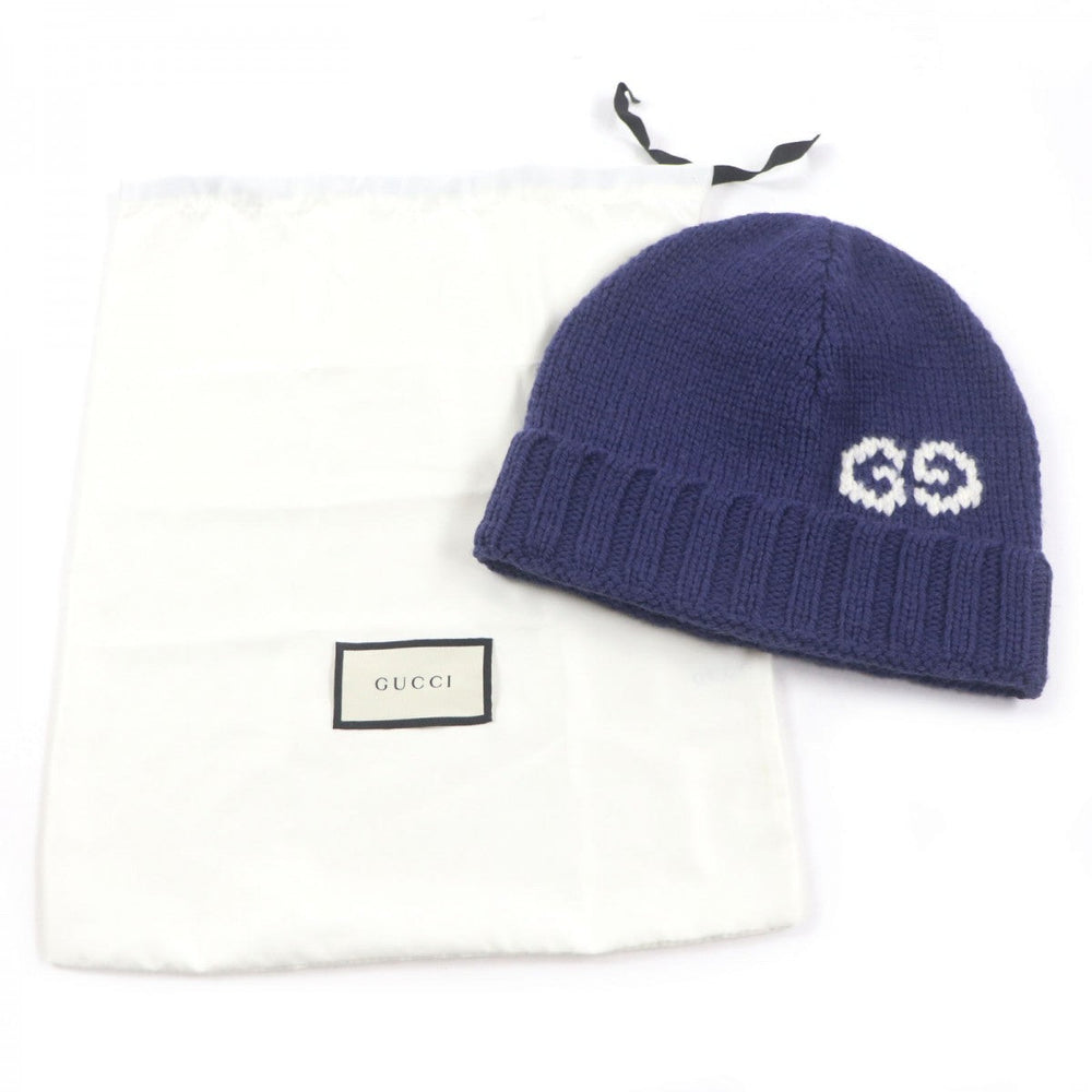 GUCCI Knit cap 602886 Main: 100% wool Navy GG LOGO KNIT BAENIE mens M Used Authentic