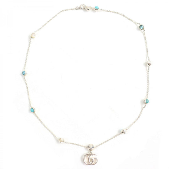 GUCCI Necklace 527399 J8474 8517 Main: SV925, Turquoise Stone, Blue Topaz Silver GG icon Double G Mother of Pearl Women Used Authentic