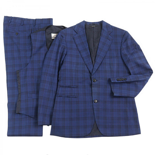 HERMES suit Outer: 100% wool, Lining: 100% cupra Blue type Check Pattern mens 44 Used Authentic