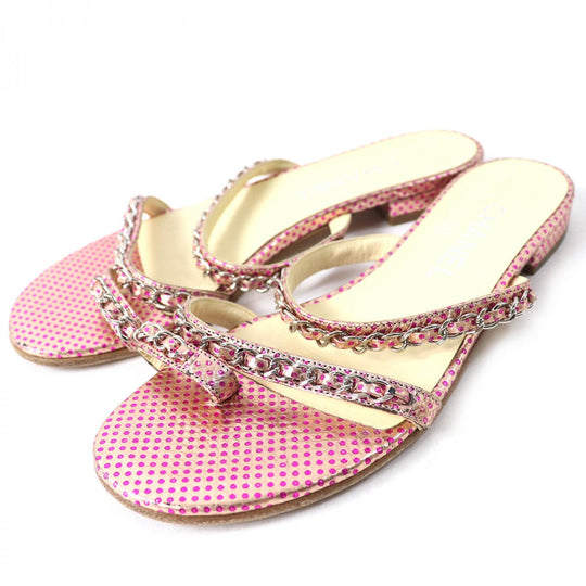 CHANEL Mule leather Pink type COCO MarkMetal Flat sandals with dot pattern chain Women 35 1/2 Used Authentic