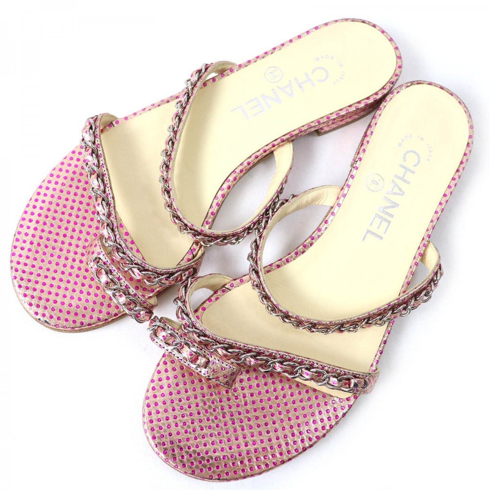 CHANEL Mule leather Pink type COCO MarkMetal Flat sandals with dot pattern chain Women 35 1/2 Used Authentic