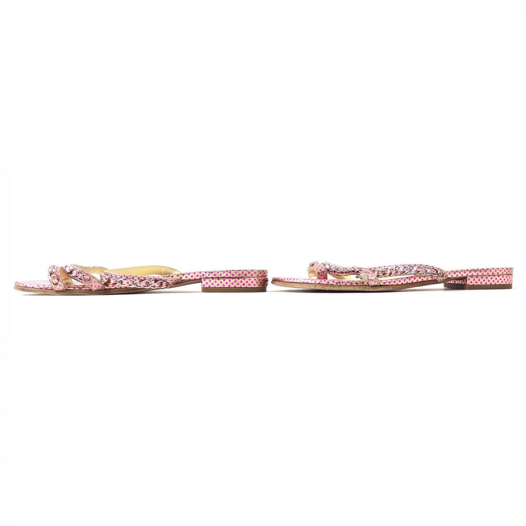 CHANEL Mule leather Pink type COCO MarkMetal Flat sandals with dot pattern chain Women 35 1/2 Used Authentic