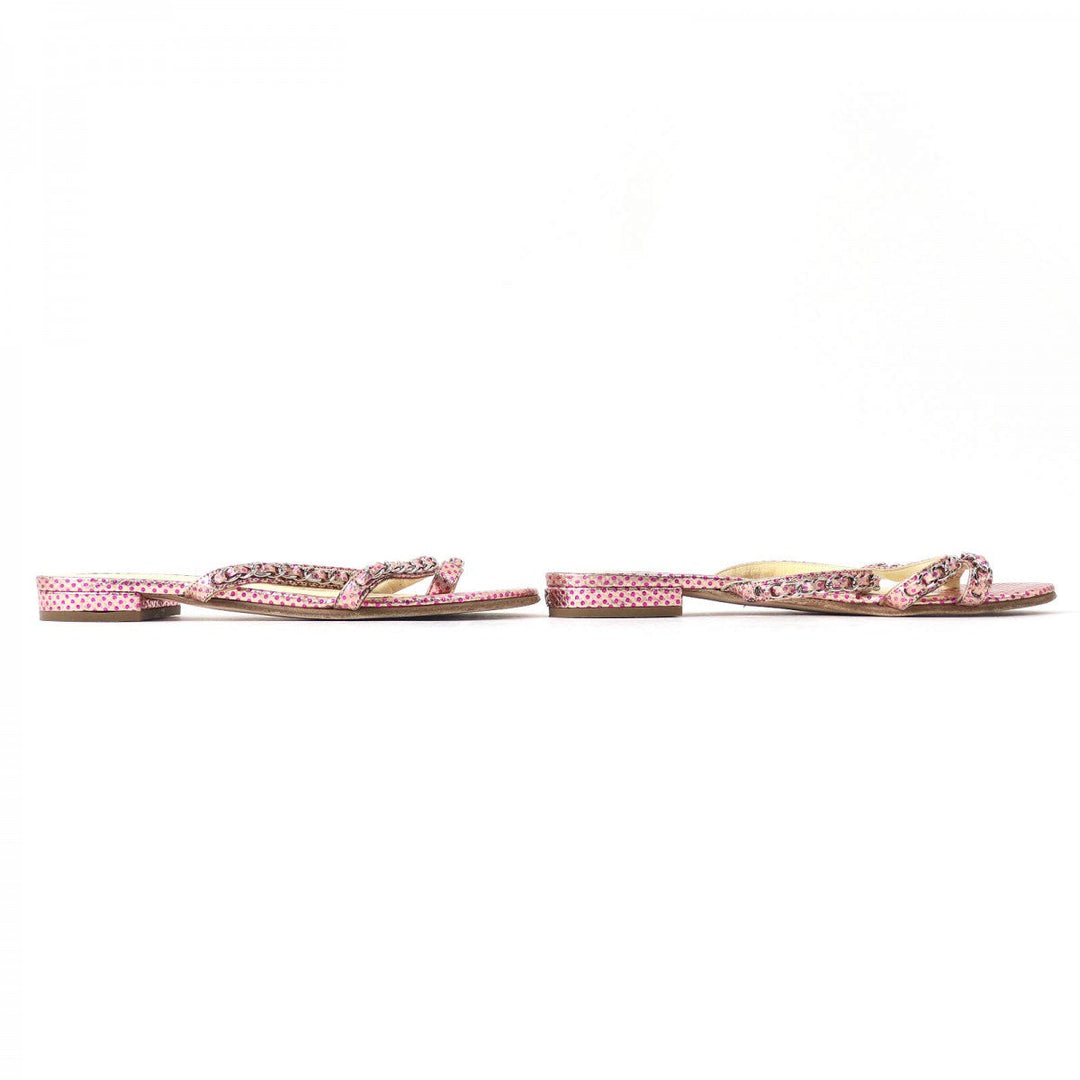 CHANEL Mule leather Pink type COCO MarkMetal Flat sandals with dot pattern chain Women 35 1/2 Used Authentic