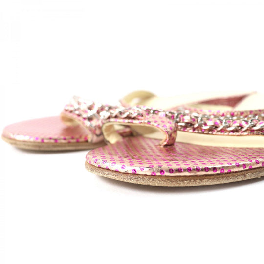 CHANEL Mule leather Pink type COCO MarkMetal Flat sandals with dot pattern chain Women 35 1/2 Used Authentic