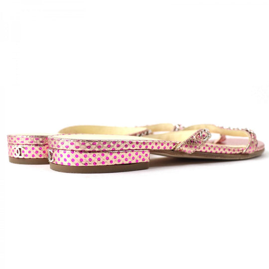 CHANEL Mule leather Pink type COCO MarkMetal Flat sandals with dot pattern chain Women 35 1/2 Used Authentic