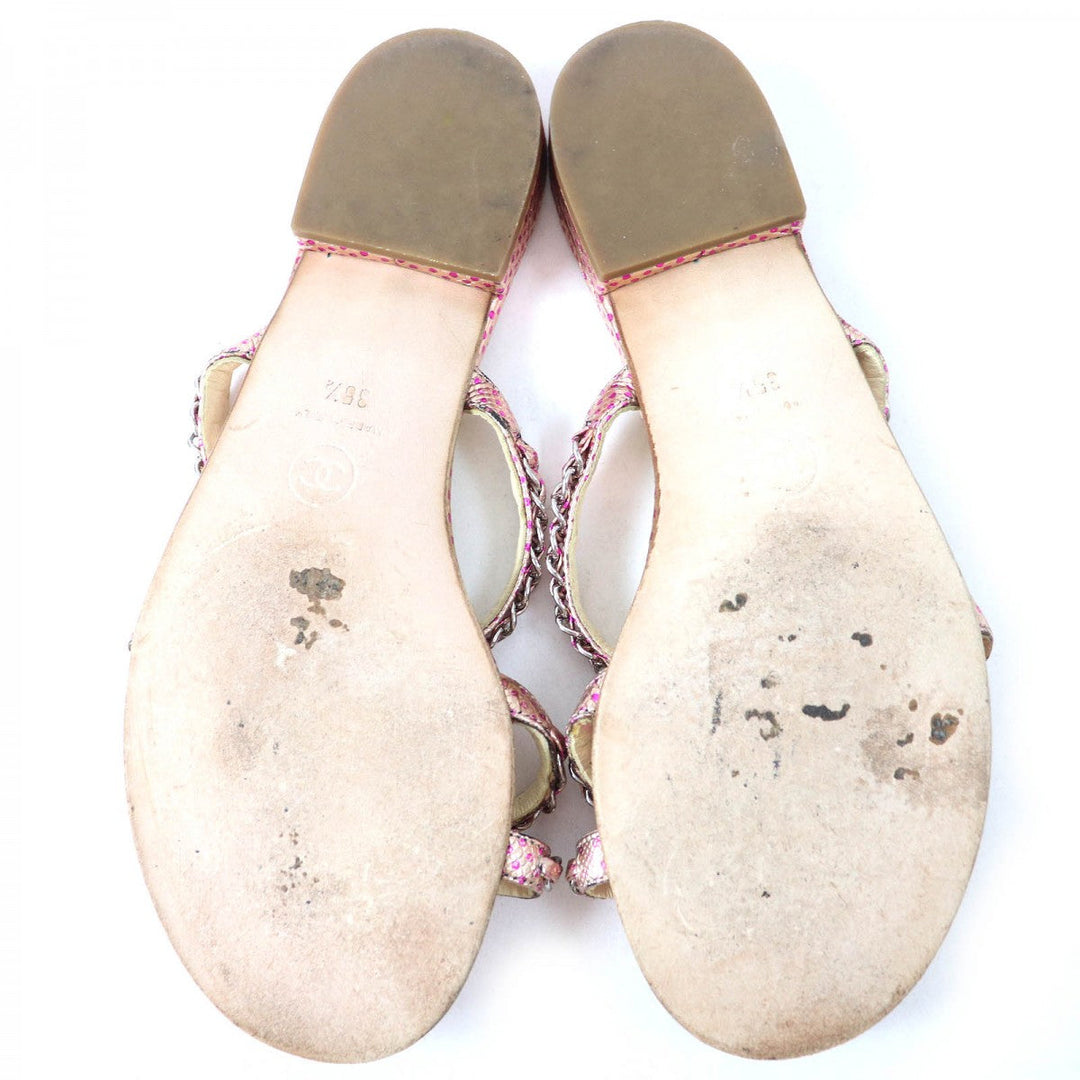 CHANEL Mule leather Pink type COCO MarkMetal Flat sandals with dot pattern chain Women 35 1/2 Used Authentic