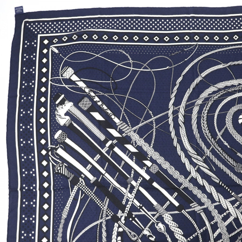 HERMES scarf cashmere Navy Calegean 140 Fouets and Badines Whips and Grips